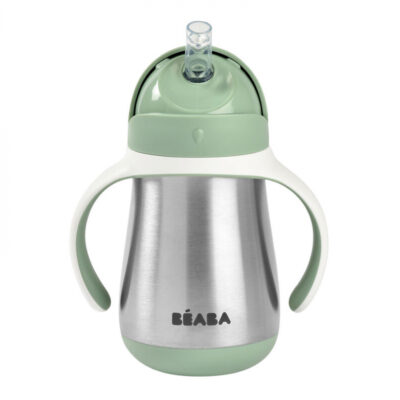 Cana cu pai din inox Beaba 250 ml Sage Green